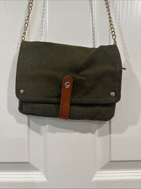 Ruche Olive Green Suede Crossbody with Tan Strap and Gold Chain